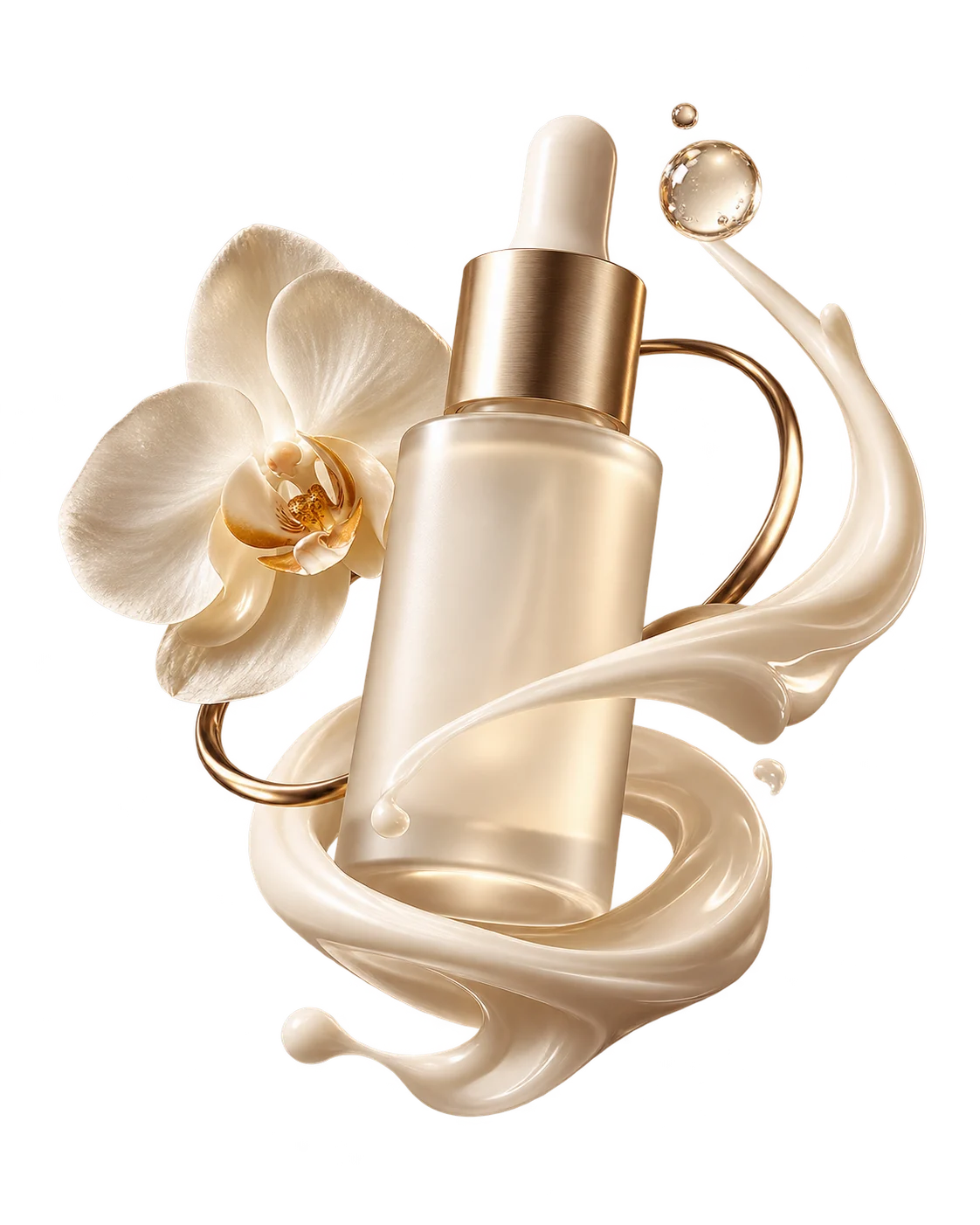 Composición editorial simbólica de cuidado facial: sérum, orquídea y una espiral de crema
